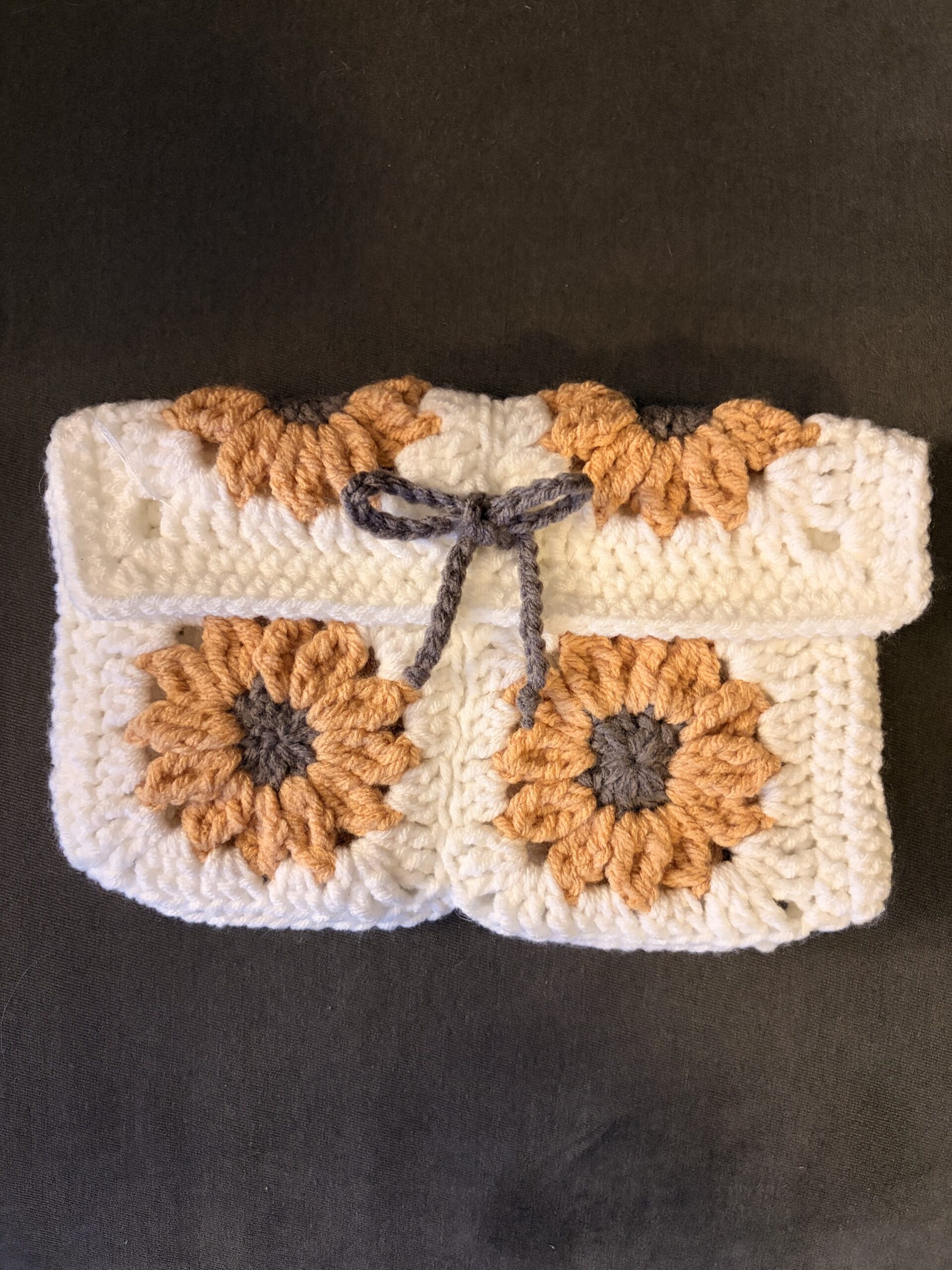 Crocheted Journal Pouch - White with Brown Florals