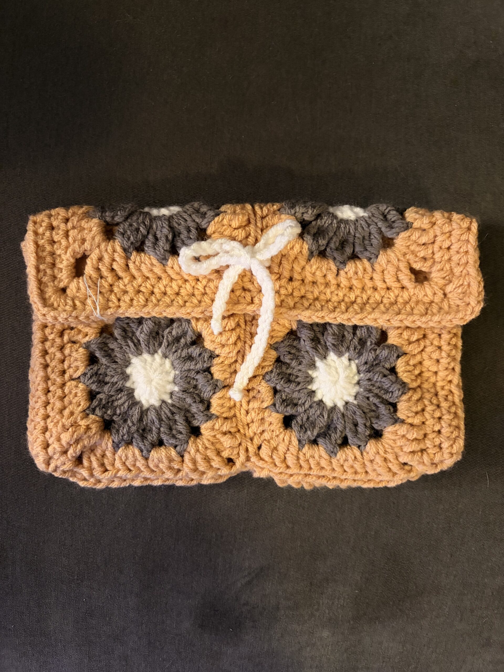 Crocheted Journal Pouch - Brown with Gray Florals